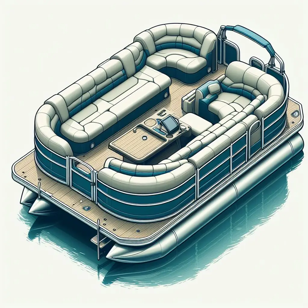 A graphic art of a pontoon boat with U-shaped seating