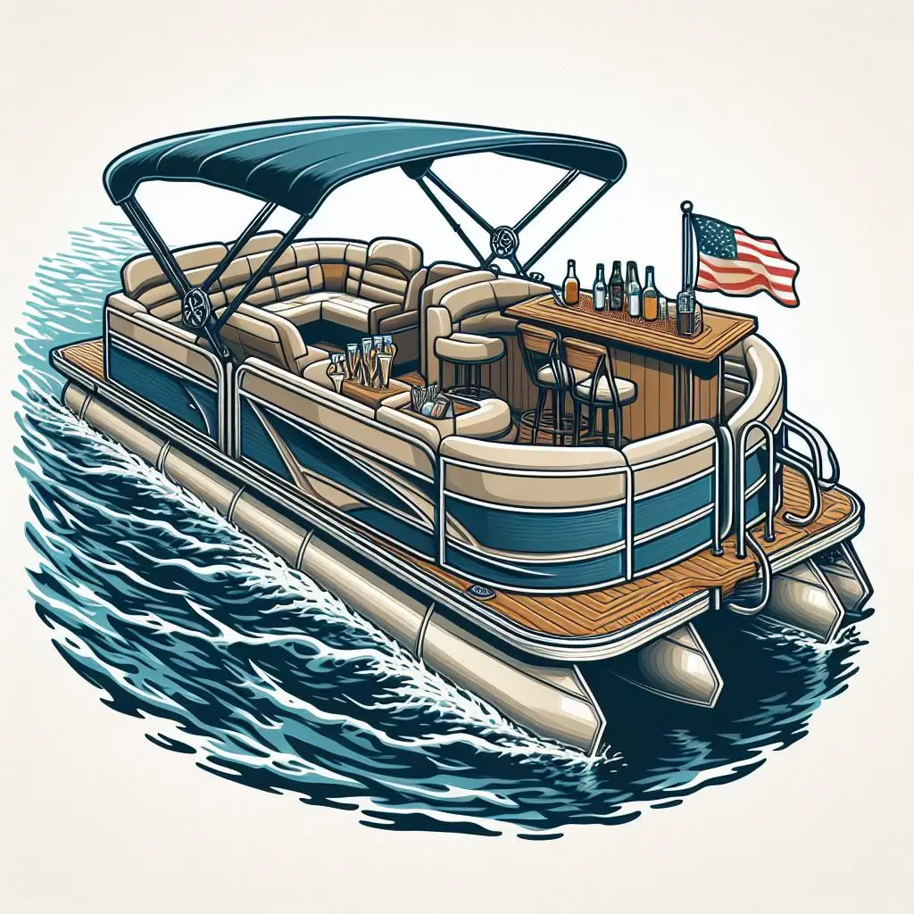Graphic art of a pontoon boat with bar seating