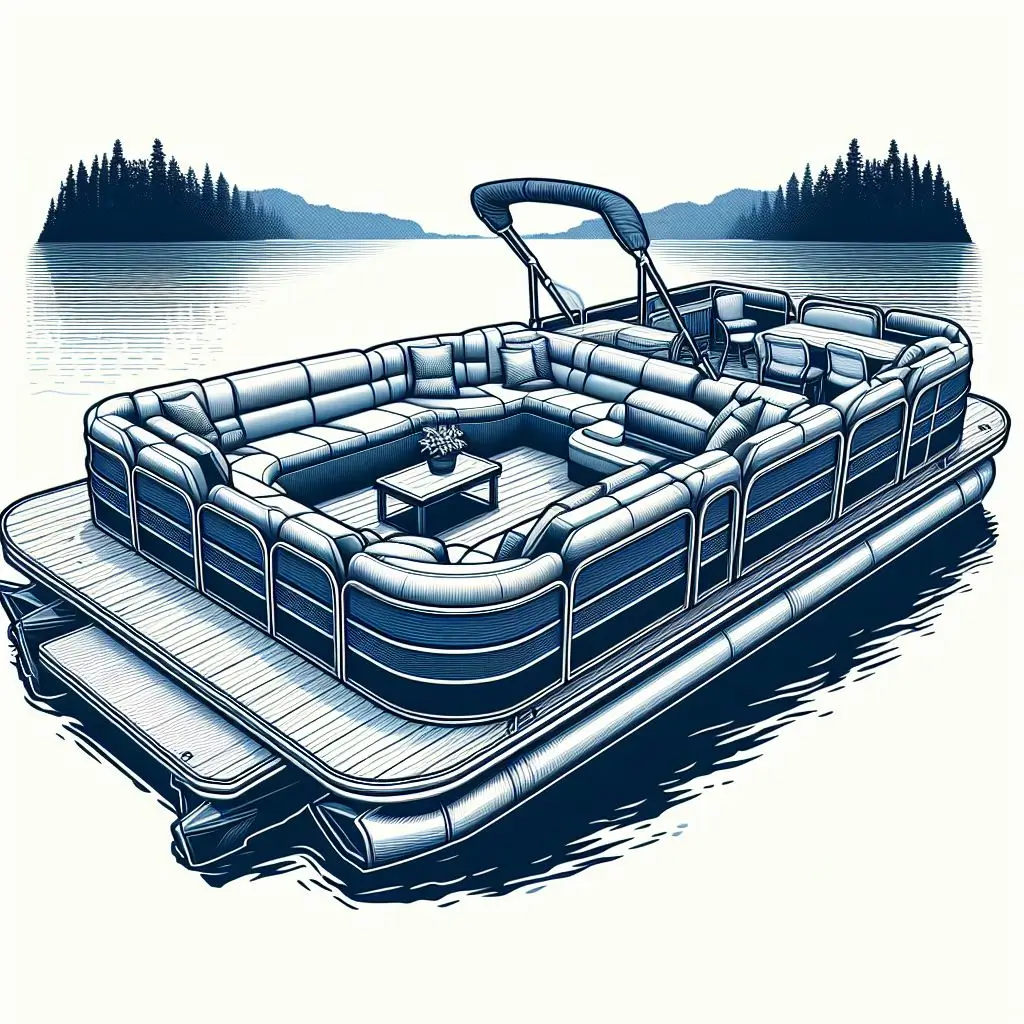 Graphic art of a pontoon boat with bench seating