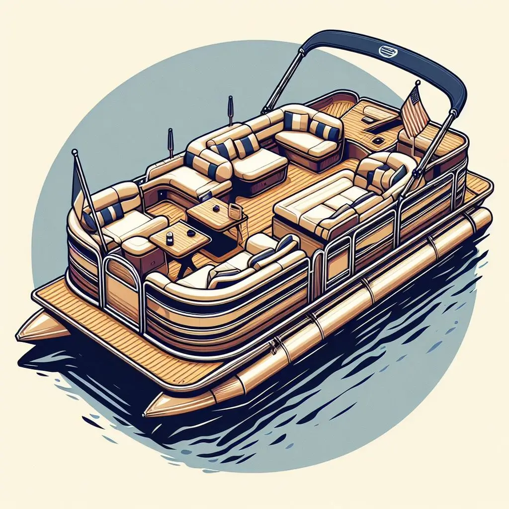 Graphic art of a pontoon boat with sun lounge seating